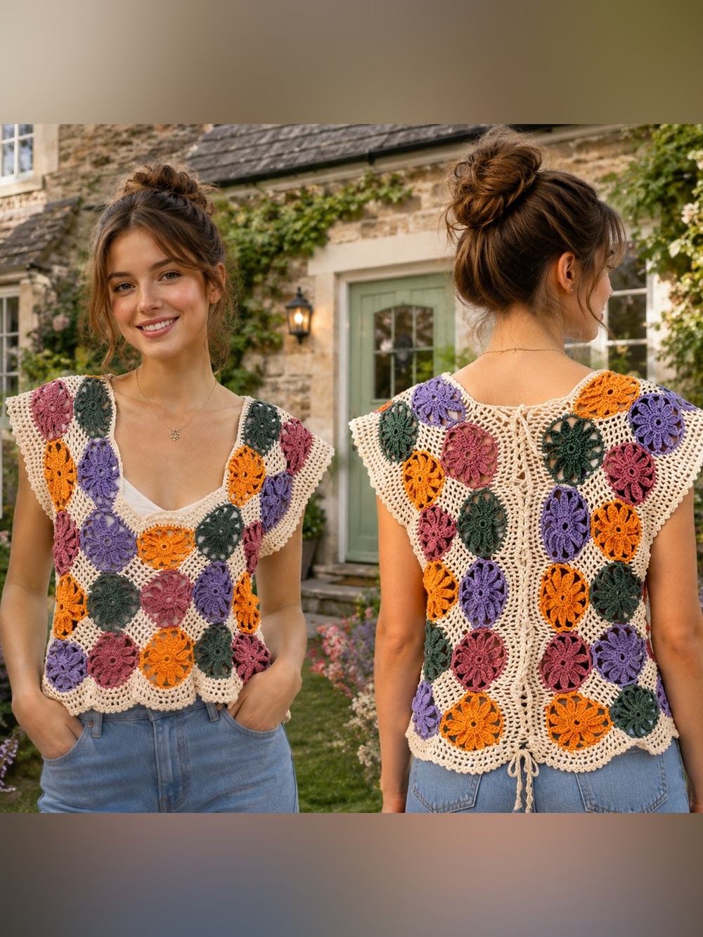 Handmade Crochet Circle Patchwork Tank Top in Cream with Purple, Orange & Green